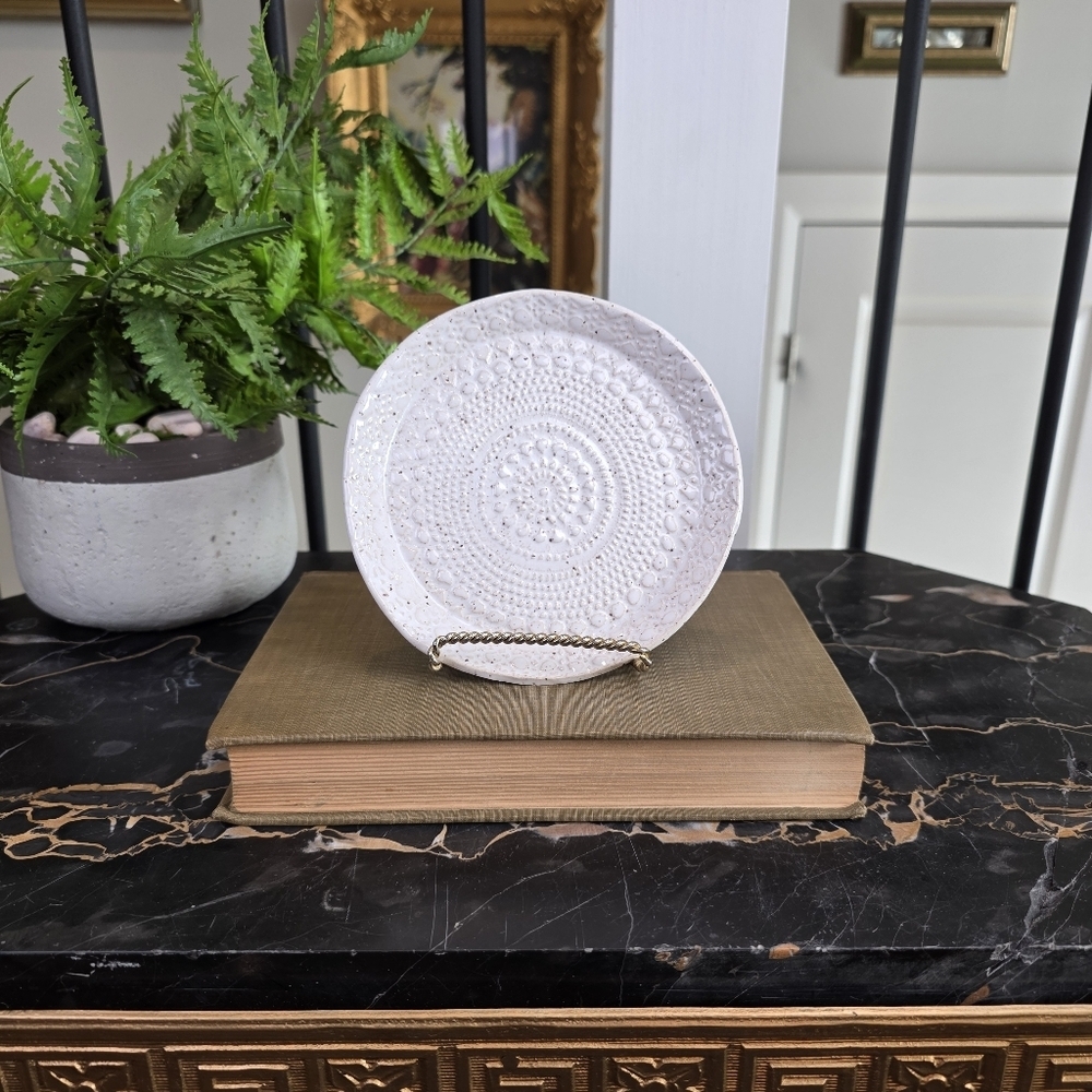 Signed Handmade Studio Pottery Trinket Dish - Speckled Ceramic Lace Texture
